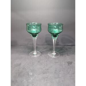 Tulip Stemware Emerald Green Cordials, Art Glass Set of 2, Murano Style, Vintage